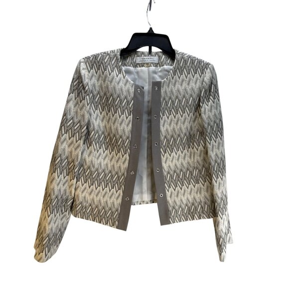 Tahari Geometric Pattern Open Front Blazer Jacket Women's Gray White Size 8 - Picture 7 of 10